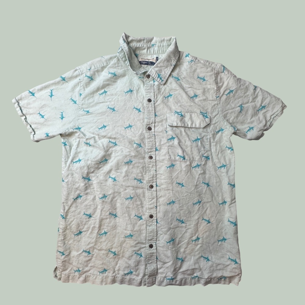 Magellan Shirt Mens L Green Marlin Fish Classic Fit Button‎ Up Linen Fishing